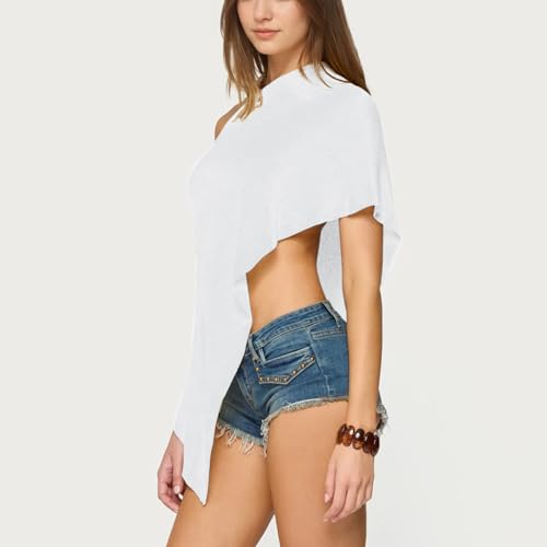 Women Cover Up One Shoulder Knit Asymmetric Shrug Pullover Sweater Trendy Beach Vacation Sheer Poncho Mesh Blouse4