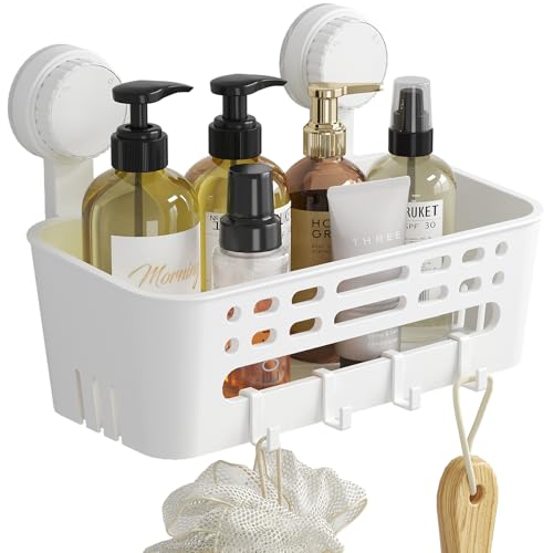 Lifewit Saugnapf Badregal, Duschablage Ohne Bohren, Kunststoff Bad Duschablage mit 4 Haken Duschregal Abnehmbar für Shampoo Conditioner Halter Duschkorb für Badezimmer Küche Organizer, 1 Stück