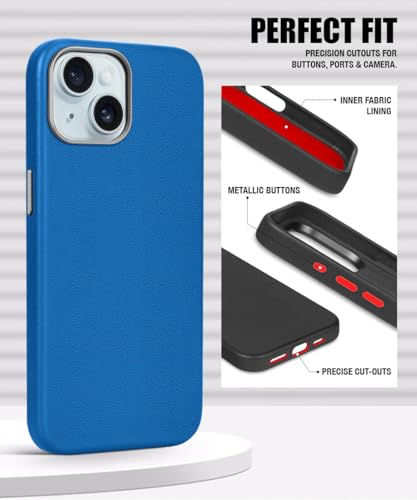 Image of WOW IMAGINE Back Cover for iPhone 15 | Shockproof Tough Leather Texture Hard Mobile Case | Ultra Slim Non-Slip Grip | Inner Velvet Fabric | Metal Camera Ring - Blue