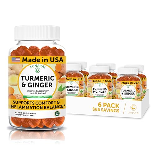 Lunakai USA Made Turmeric and Ginger Supplement Gummies 500mg with Black Pepper – High Absorption Curcumin Turmeric Gummies for Joint Comfort, Daily Immune Support, Non-GMO - 6 Pack