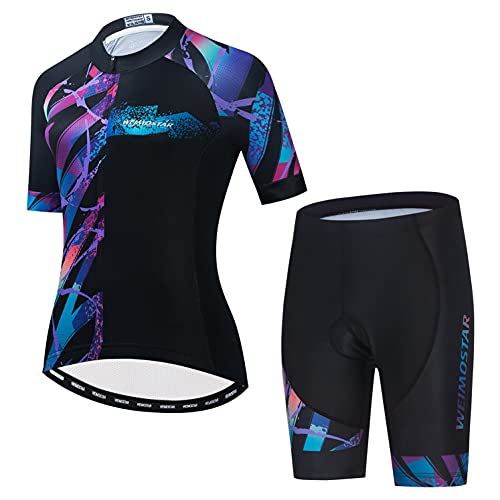 Cycling Jersey Shorts Set Padded Women Bike Top Suit Pockets Shirt Road Bicycle Clothing Lady Racing MTB Mountain Uniform Outfits Team Summer Wear Purple M