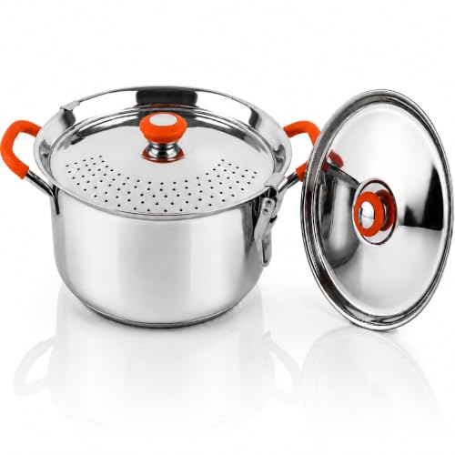 Image of MYNAKSHA Stainless Steel Strainer Pot with Double Lid, Heavy Base 0.8 CM Rice Cooker with Locking Handles, Induction & Gas Compatible, Drain Easily, Ideal for Pasta, Noodles & Vegetables - 6.5 L