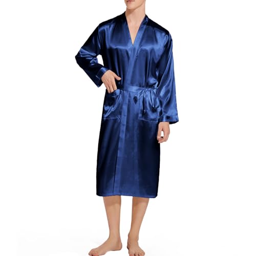 Image of ZUEVI Men's Kimono Robe Silk Satin Long Sleeve Spa Bathrobe Lightweight Soft Silky Pajamas Robes