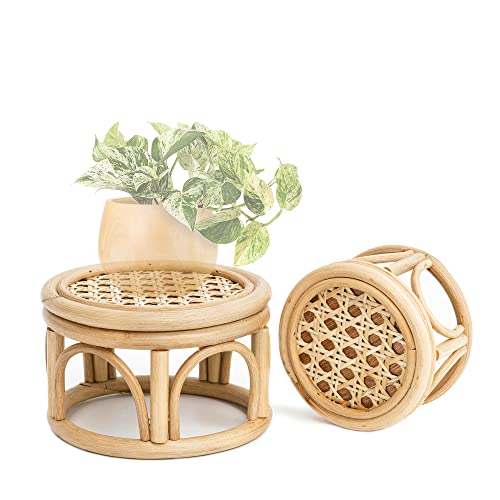 Kutorkill Set Of 2 Small Boho Rattan Wicker Round Riser Plant Stand Indoor | Rustic Farmhouse Natural Rattan Circle Pedestal For Decor & Display | Indoor Decorative Round 7.0" & 5.5" Accent Centerpiece For Home, Kitchen, Tabletop, Office Decor #TOP30