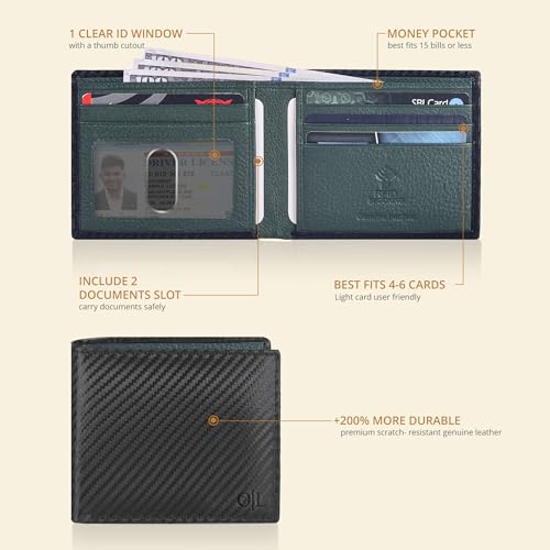 Image of Oak Leathers Slim Leather Wallet for Men - RFID Blocking Slim Minimalist Front Pocket - Thin & Stylish with ID Window, Gift For Men(Black Carbon /Green)