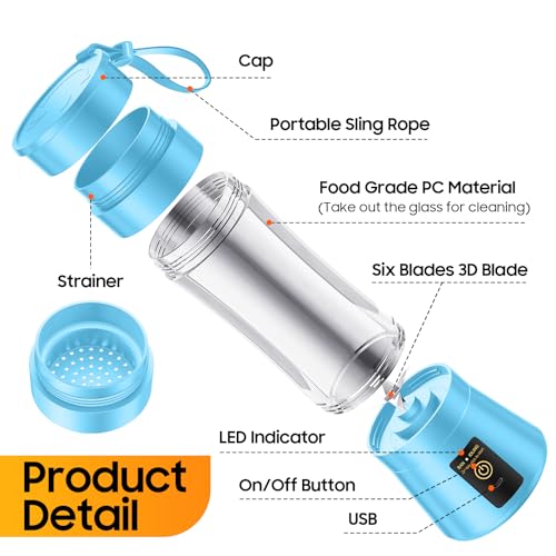 Image of Cordless Portable Personal Size Blender - Small Blender Make Smoothies | 12oz Lightweight Leak-Proof Mini Blender, 6 Steel Blades, Powerful Quick Blend, Easy Clean, Suit in Travel /Office /Gym /Picnic