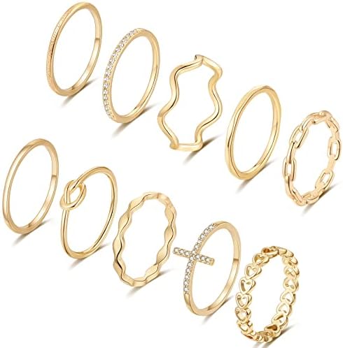 ZOERAY 10PCS 14K Gold Plated Stacking Rings for Women Thumb Stackable Knuckle Band Rings Gold Silver Ring Set for Teen Girls Thin Plain Midi Finger Rings Size 5 to 9
