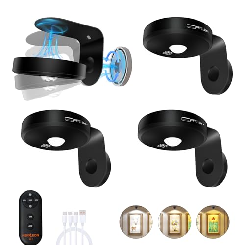 Picture Lights for Wall Wireless with Magnetic,2000mAh Rechargeable Picture Frame lights with Dimmable,Puck Lights with Remote Control,Art Lighting for Paintings,Counter, Shelf,Bookcase(4 Pack,Black)