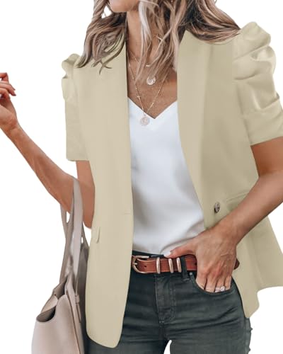Catálogo de Chaquetas de traje y blazers para Mujer los mejores 10. 46 Newffr - Chaquetas de verano para mujer, estilo casual, manga corta, abombada, para oficina frontal, chamarra de trabajo, traje de trabajo, Caqui, X-Large
