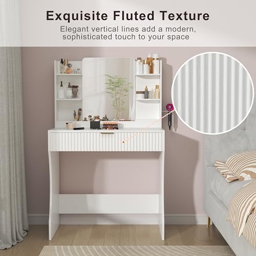 YUJSBHJAN Makeup Vanity Table Set with Mirror and Power Outlet, Small Vanity Desk with 3-Tier Open Shelves & 1 Storage Drawer, Charging Station Dressing Table for Bedroom, Easy Assembly, White - Image 4