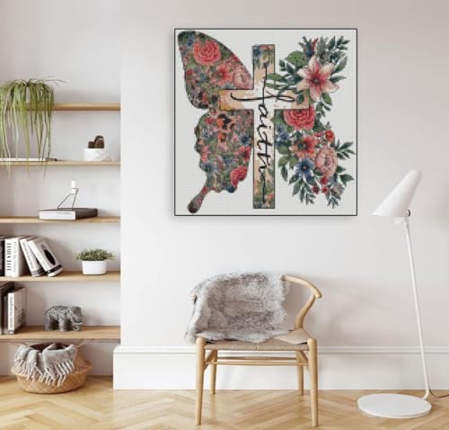 Image of Butterfly Flower Stamped Cross Stitch Kits Cross Stitch Patterns,Religious Cross Dimensions Cross Stitch Kits Embroidery Kit Arts and Crafts for Beginners 13.7x13.7 inch