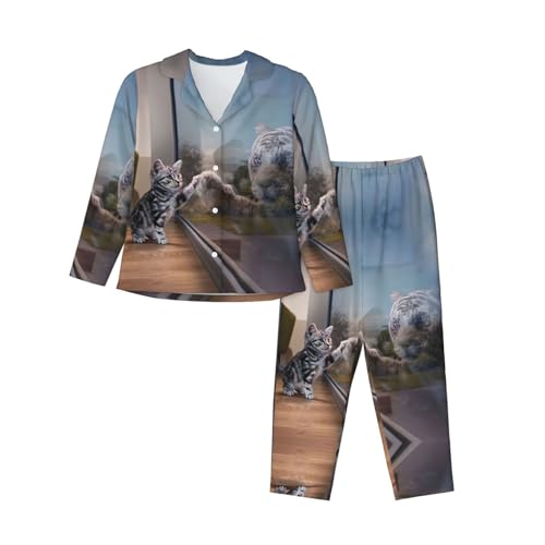 Pyjama chat et tigre EdWal ensemble nuit pour femme manches longues
