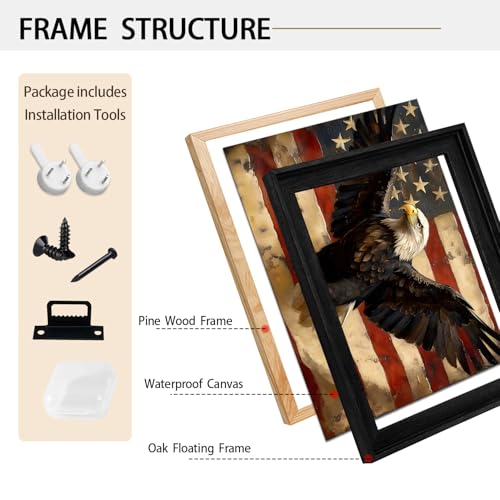 Image of American Flag Framed Canvas Wall Art, 4th of July Red White Blue Canvas Prints, USA Flag with Bald Eagle Patriotic Decorations, Vintage Independence Day Wall Decor for Bedroom Living Room 20x24
