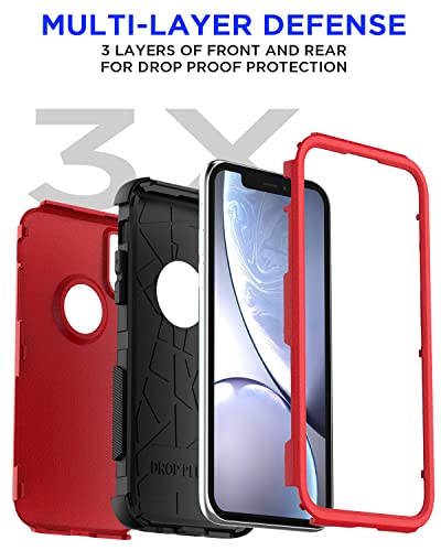 Aicase Rugged Case For Iphone Xr,Heavy Duty 3-Layer Pocket-Friendly Durable Military Grade Protection Shockproof/Drop Proof Protective Cover For Iphone Xr 6.1”_6 Red/Black #TOP7
