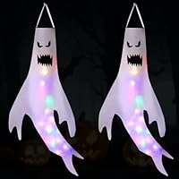 Halloween Deko Outdoor, 2 Stück Halloween Geist Dekoration mit Led Lichterkette, Windsack Halloween Ghost Windsock Flagge Horror Gruselig Geist Hängen Ghost Garten Dekoration Halloween Party Deko