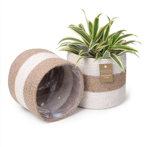 Eco Living Jute Planter Basket -Sustainable Woven Rope Covers for Decorating Indoor/Outdoor Plants Pots 6.5x6.5x6 Inches Ideal Size for 6" Planter-Multi-Purpose Storage Set of 2 White & Natural Jute