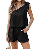 PRETTYGARDEN Women's Summer Jumpsuits 2024 Casual One Shoulder Tie Strap Solid Color Loose Sexy Shorts Rompers Pockets(Solid Black,Large)