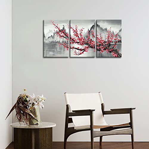 Red Plum Blossom Floral Wall Art Traditional Chinese Style Picture Canvas Posters Print Modern Artwork Framed For Living Room Bathroom Bedroom Wall Painting Home Decor,16X24 Inches Set Of 3 #TOP3