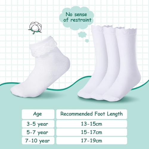 SATINIOR 6 Pairs 3 Pairs Girls Ruffle Socks White Ruffled Lace Crew Socks for Girls Baby Toddler Frilly Dress2