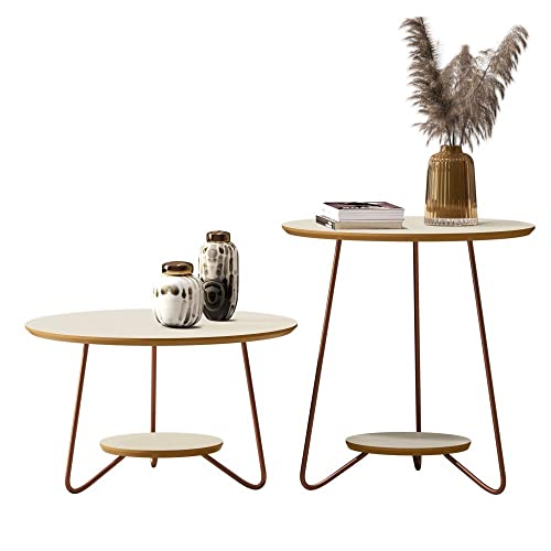 Conjunto Sala De Estar Liz Mesas Apoio E Centro Pés De Ferro Cor Off White/Freijo