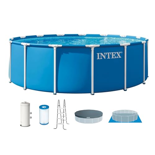 INTEX Metal Frame 15 ft x 48 in Above Ground Pool Set, Round Swimming...