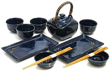Sushi Set Made In Japan - MySushiSet 11 piece Blue Dragonfly Ceramic Sushi Plate and Tea Set for Two