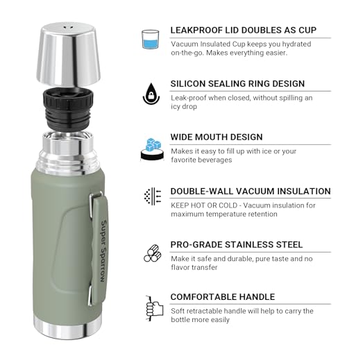 Super Sparrow Stainless Steel Water Bottle - 1500ml - Wide Mouth Vacuum Insulated Flask - BPA-Free ThermosBottle - Leakproof Lid Doubles as Cup - Image 2