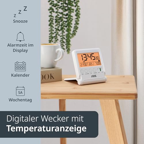 ADE Digitaler Reisewecker | Uhr mit Temperaturanzeige | Kleiner Wecker mit Licht | integrierter Klappspiegel im Deckel | einfache Bedienung | weiß