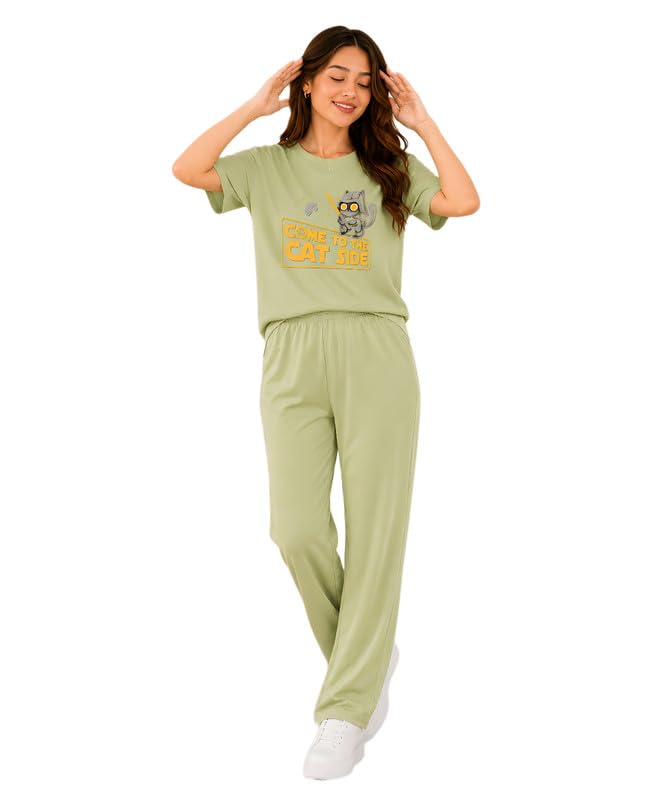 elvia Women's Pure Cotton Top and Pyjama Co-Ord Set | Printed Night Suit | Regular Fit Half Sleeve Round Neck T-Shirt with Pajama Loungewear Sleepwear Set for Women (Pista, XXL)-picture-29