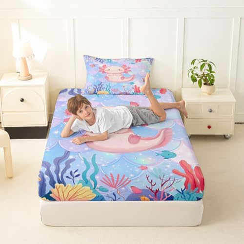 Image of jejeloiu Cute Axolotl Bed Sheets Set Twin Size Kawaii Ocean Sealife Bed Set for Kids Boys Girls Cartoon Salamander Deep Pocket Fitted Sheet Reptile Animal Breathable Soft Lightweight Microfiber