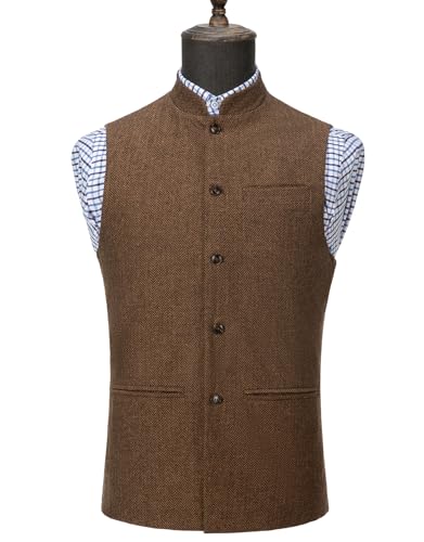Tuikayoo Mens Herringbone Wool Vests Suit Business Tweed High Collar Waistcoats Slim Fit2
