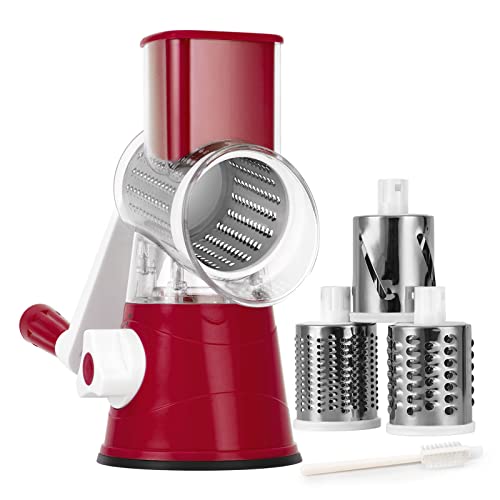 Elyum Rotary Cheese Grater Manual Cheese Grater With Handle 3 Interchangeable Stainless Steel Blades Cheese Shredder Strong Suction Base Cheese Graters For Kitchen Vegetables, Cheese And Nuts (Red) #TOP17