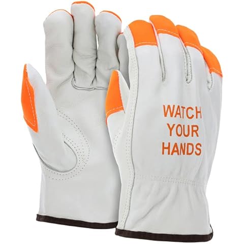 ATERET 12 Pairs X-Large Hi Vis Heavy Duty Durable Cowhigh Leather Work Gloves I Orange Tip - Watch Your Hand I Driver Gloves for Truck Driving, Warehouse, Gardening, Farming (XLarge, 12) Cover