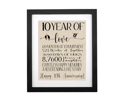 TOBOHU 10 Years of Love Burlap Print with Frame, 10th Wedding for Husband Wife, Romantic Anniversary Decoration for Living Room