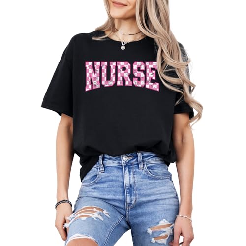 Nurse Checkerboard Graphic T-Shirt – Unisex Cotton Appreciation Tee – Cute Pink Letter Print Medical Top