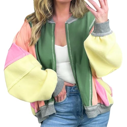 Veste femme mi saison style blocs de couleurs originale avec fermeture éclair et grandes poches