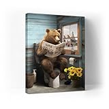 Ooeiiiy Bear Canvas Wall Art Bear Bathroom Wall Decor Farmhouse Animal Picture Poster Wall Decor Bear Sitting In Toilet Reading Newspaper Prints Painting Framed Artwork for Toilet Bedroom 12''X16''