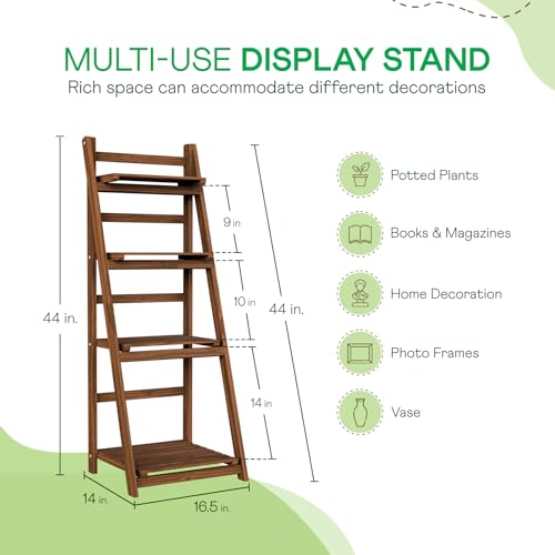 IDZO 4 Tier Wooden Ladder Shelf 44 in Bookcase Ladder Shelf Storage Shelves Rack Shelf Unit for Office and Home 44 x 16.5 inches, Wood Brown