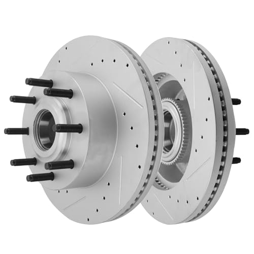 Image of Detroit Axle - RWD Front Brake Kit for Ford 2012-2022 F-250 2013-2022 F-350 Super Duty Drilled and Slotted Brakes Rotors Ceramic Brake Pads 2014 2015 2016 2017 2018 2019 2020 2021: 14.29 inch inch Rotor