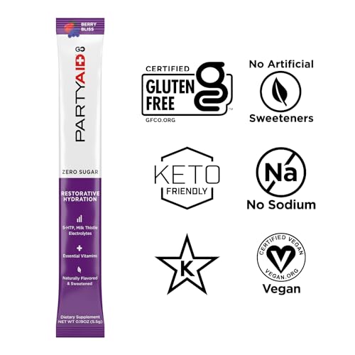 Image of PARTYAID GO! Feel Good Tonight and Tomorrow, Zero Sugar, 5-HTP, B-Complex, Milk Thistle, Electrolytes, No Artificial Flavors or Sweeteners, Caffeine-Free, 14 Count (Pack of 1)
