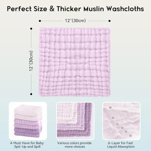 Image of Unnivoll Muslin Burp Cloths Baby 12''X12'', Baby Washcloths 6 Pack, 100% Cotton Baby Wash Cloths Absorbent and Soft for Newborn Infants Kids Boys Girls - Gradient Purple