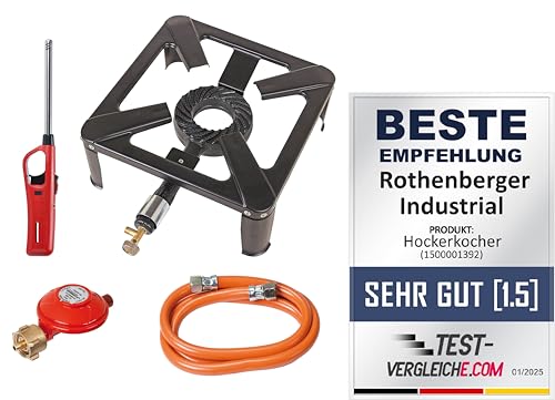 ROTHENBERGER Industrial Hockerkocher inkl. 1,5 m Propan-Gas-Schlauch & Propan-Konstantregler für Camping, Outdoor, nur für die Verwendung im Freien inklusive Gasanzünder zur Zündung