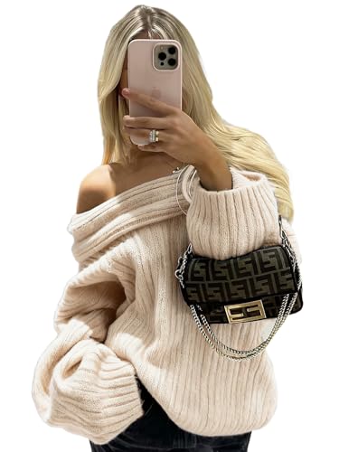 Image of Women Off Shoulder Batwing Sleeve Oversized Chunky Sweaters (Free Size)