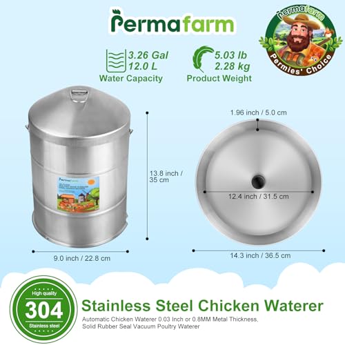 Permafarm Bebedouro para frango 12l/3,2gal, bebedouro para aves em aço inoxidável de qualidade alime