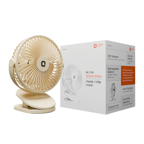Orient Electric Orbis Rechargeable Personal Fan | 360° Rotation | 1800 mAh Battery | 4 Speed Modes with Timer | Quiet Operation | USB Type-C Charging | Clip-On Mini Fan (Beige)