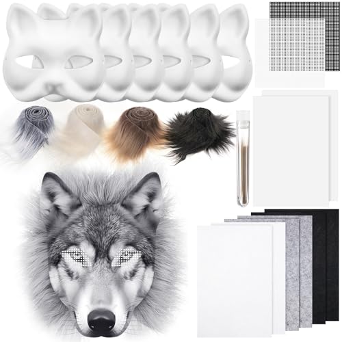 Seenelling 18 Pcs Therian DIY Wolf Costume Mask Kit Blank Wolf Mask Faux Fur Fabric Felt Fabric Mesh Sheet for Halloween(Grey Color)