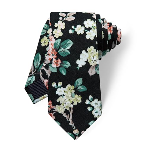 Image of YourTies Cotton Floral Tie for Men 2.5 inch Printed Skinny Necktie Pocket Square Tie Clip Set Flower Wedding Party Groom