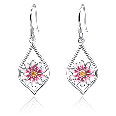 Daisy Earrings 925 Sterling Silver, Daisy Hoop Teardrop Earrings, Deep Blonde Birthstone Drop Earrings, Oil Dripping Dye Violet-White Gradient Flower Earrings Jewelry Gifts For Girls Women Cover