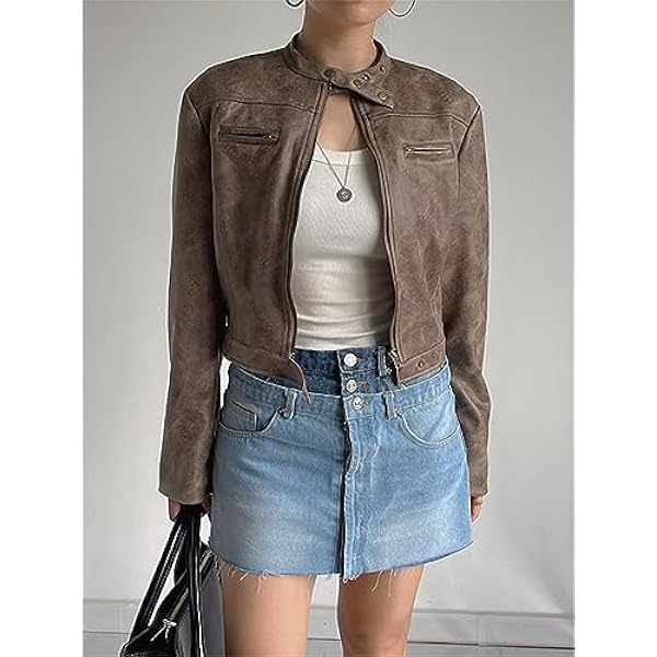 Adhdyuud Vrouwen Vintage Stand Kraag Faux Lederen Jas Herfst Slanke Rits Moto Biker Korte Pu Jas