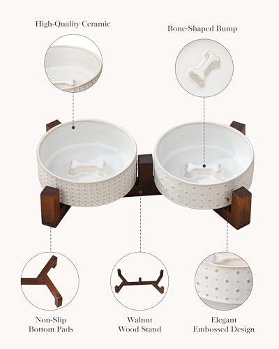 Image of MALACASA Dog Bowl Set, Ceramic Bowls with Walnut Wood Stand, 2 Cups